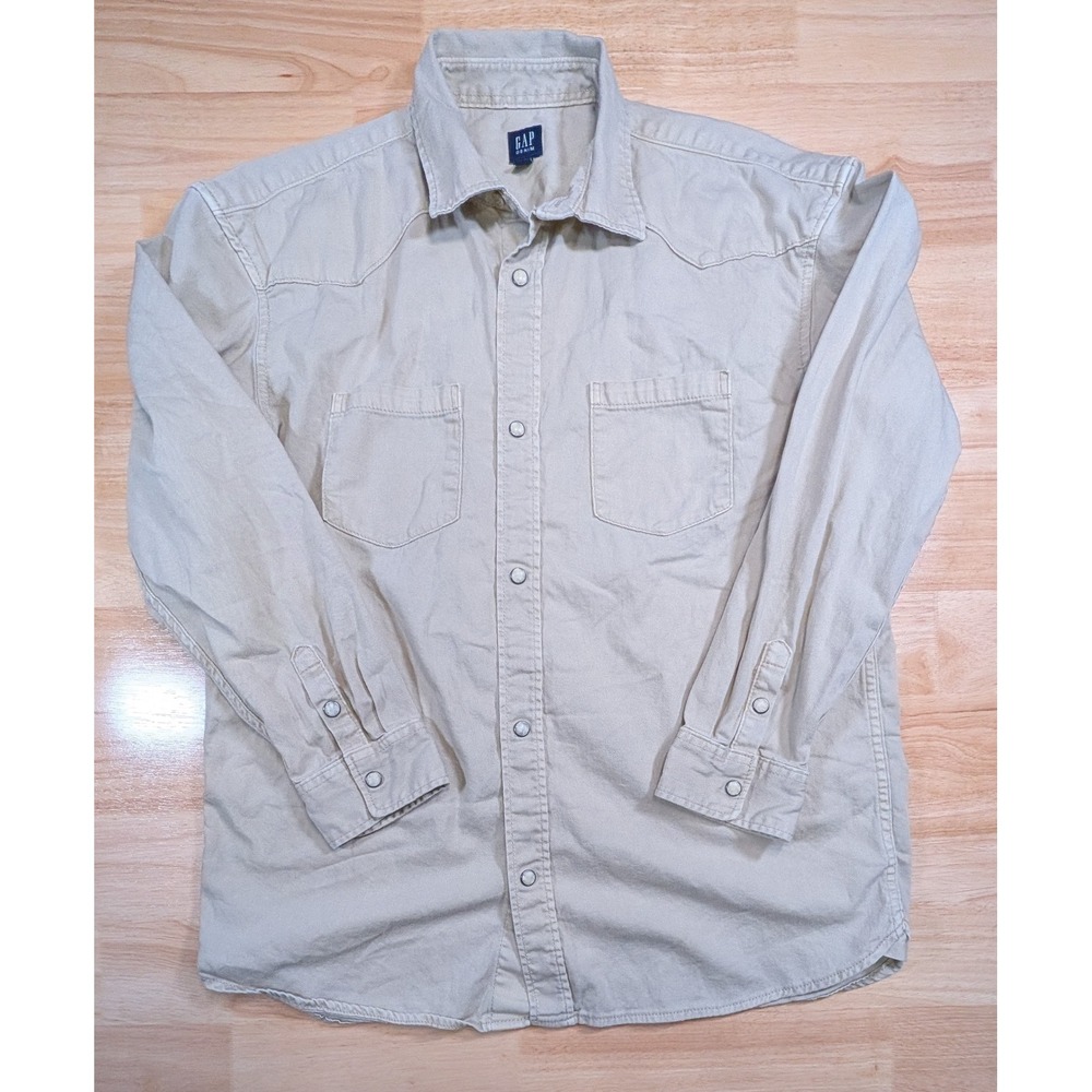 Gap Denim Western Pearl Snap Shirt Khaki Tan Cotton Boys XXL 14-16‎ Mens Small